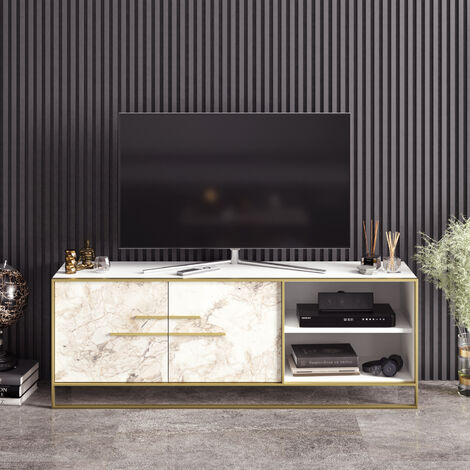 Decorotika Polka 160 Cm TV Unit TV Stand Metal Frame Open Shelves And Two Cabinets  - White Marble  And Gold
