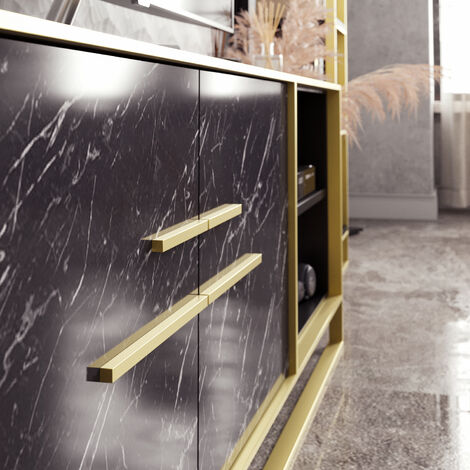 Decorotika Polka 160 Cm TV Unit TV Stand Metal Frame Open Shelves And Two Cabinets  - White Marble  And Gold