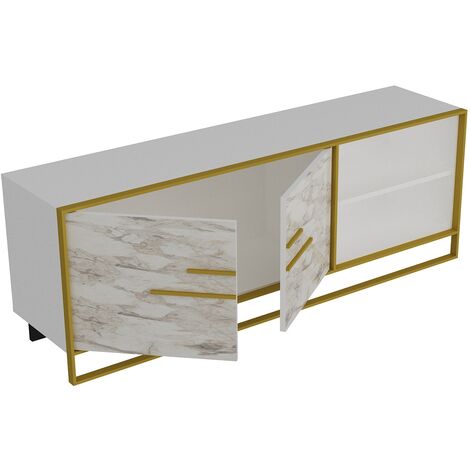 Decorotika Polka 160 Cm TV Unit TV Stand Metal Frame Open Shelves And Two Cabinets  - White Marble  And Gold