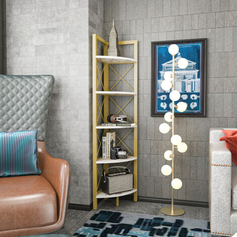 Decorotika Remo Corner Storage Rack 5-Tier Bookshelf Shelving Unit With Metal Frame - White Marble Effect And Gold