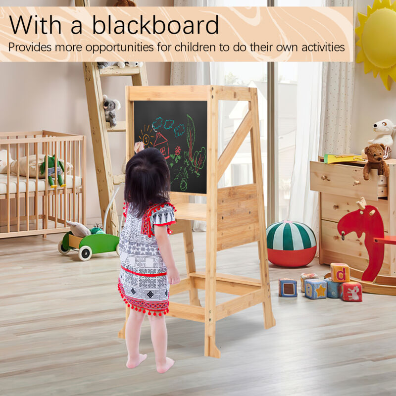 Tour d'observation Montessori Enfants en Bois avec Tableau Noir, avec Rail de Sécurité & Hauteur Réglable, Charge 60kg pour 1 an (Naturel) | Leroy Merlin