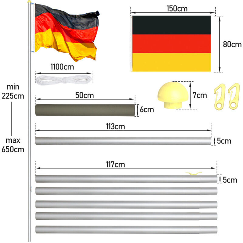INFLATION - Mât De Drapeau Aluminium Réglable 40-180cm - Avec Drapeau Allemagne 150x90cm - Anneaux Rotatifs