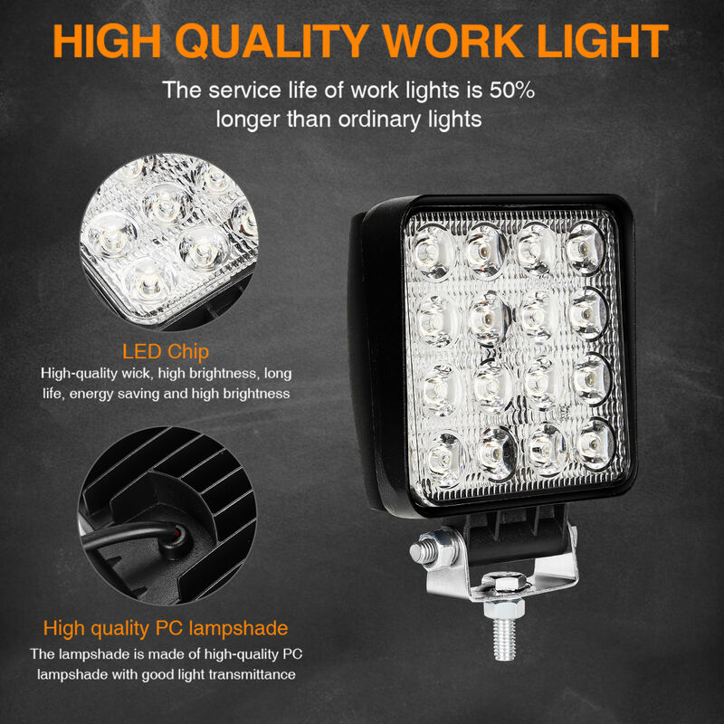 2X 48WProjecteur Phare de Travail 12V 24V LED Carré LED Moto Spot Feux  Additionnels Offroad Lampe