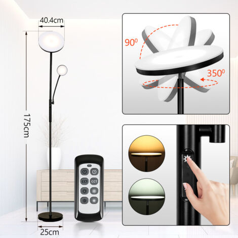 Lampadaire LED 27W Dimmable Avec Télécommande - Noir, Moderne, Pour Lecture