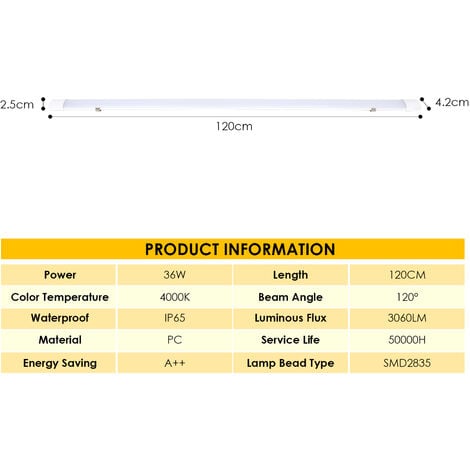 SWANEW Réglette LED étanche tubes LED 120cm 36W interconnectable traversante IP65 Plafonnier LED pour locaux pièces humides Blanc Neutre