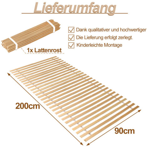 Sommier à Lattes Gecheer 90x200 Cm - 28 Lattes Dont 4 Réglables - Cadre Hêtre, Lattes Bouleau - 7 Zones De Confort