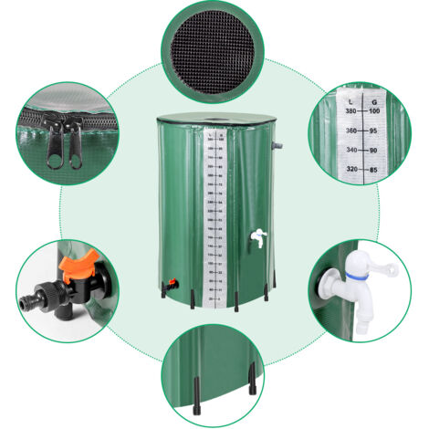 LZQ Récupérateur D'eau De Pluie Pliable - 380 L - Portable - Réservoir D'eau De Pluie - Avec Robinet Et écoulement - Vert