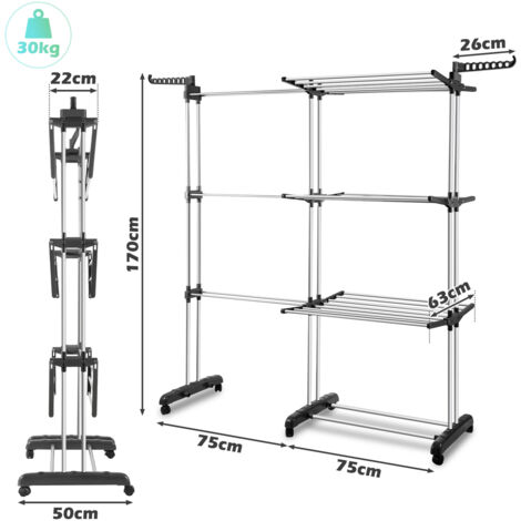 Étendoir à Linge 3 Niveaux Pliable Avec Roues - 35 Kg Charge Max - 75x64x170 Cm - Gris Blanc