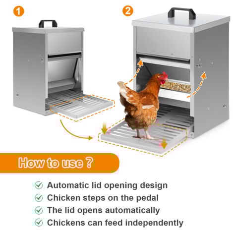 SWANEW Mangeoire poules en acier galvanisé – Distributeur automatique 5KG avec pédale et protection étanche pour poules et autres volailles
