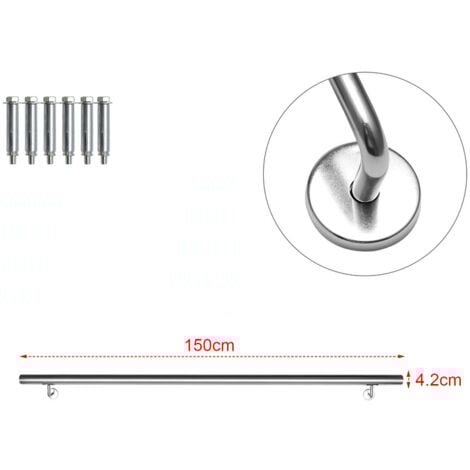 EINFEBEN Main courante inox rampe d'escalier rond intérieur & extérieur Ø 42 mm support mural argenté 150cm