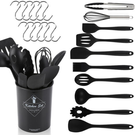 Ensemble Ustensiles De Cuisine Silicone 12 Pièces - Sans BPA, Résistant à 230°C - Avec Support De Rangement - Noir