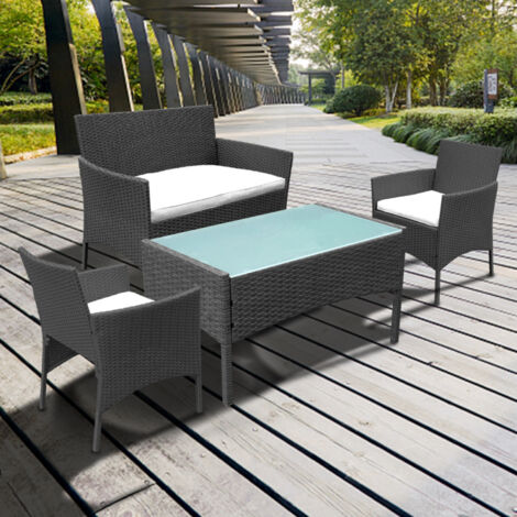 Salon De Jardin 4 Places Alightup - Résine Tressée Avec Coussin Amovible Et Table Verre Trempé
