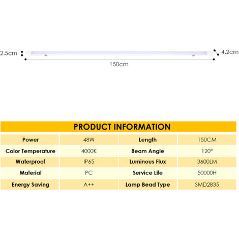 EINFEBEN Réglette LED étanche tubes LED 150cm 48W interconnectable traversante IP65 Plafonnier LED pour locaux pièces humides Blanc Neutre