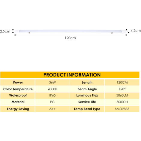 EINFEBEN Réglette LED étanche tubes LED 120cm 36W interconnectable traversante IP65 Plafonnier LED pour locaux pièces humides Blanc Neutre
