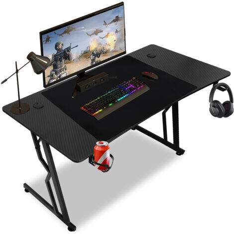 Bureau Gaming 140x60 Cm Jaxguom - Plateau Fibre De Carbone, Tapis De Souris, Porte-gobelet, Crochet Casque, Noir