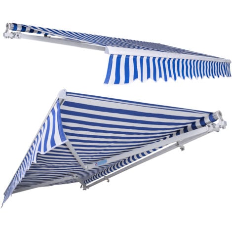 SWANEW Store Banne Manuel Store extérieur Auvent Balcon Articulé Protection Solaire Anti-UV Terrasse Jardin Bleu Blanc 350 x 300 cm