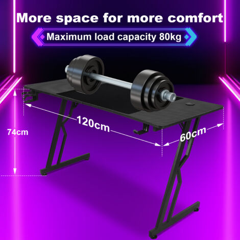Bureau Gamer LED 120x60 Cm - Plateau Fibre De Carbone, Pieds En Acier, Porte-gobelet, Crochet Casque, Tapis De Souris - Noir