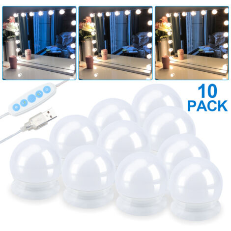 Kit Lumière Miroir LED USB - 10 Ampoules Intensité Variable 3 Couleurs Pour Maquillage
