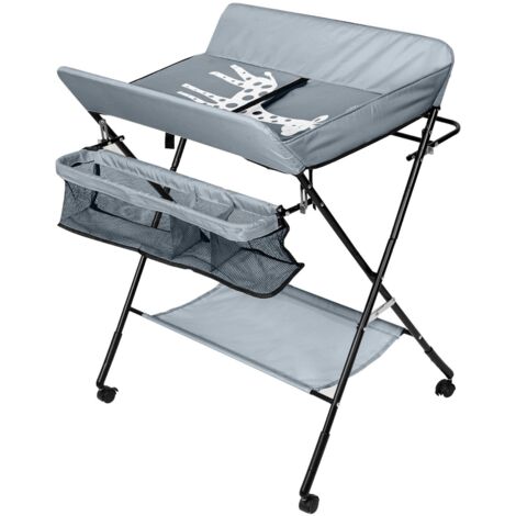 Table à Langer Pliable, Avec Roulettes+Panier De Rangement, Hauteur Réglable, Tissu Oxford, Gris
