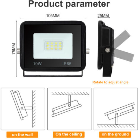 Projecteur LED Extérieur 10W Noir, 1100Lm, IP65 Réflecteur, Projecteur