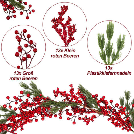 Guirlande De Noël Artificielle 175 Cm Avec Baies Rouges Et Pommes De Pin - Décoration Festive Pour Cheminée, Table, Escalier Ou Mur