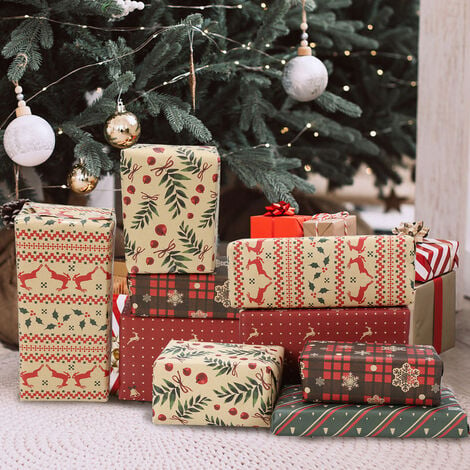Petit rouleau papier cadeaux kraft brun motifs Noël rouges, rouleaux.