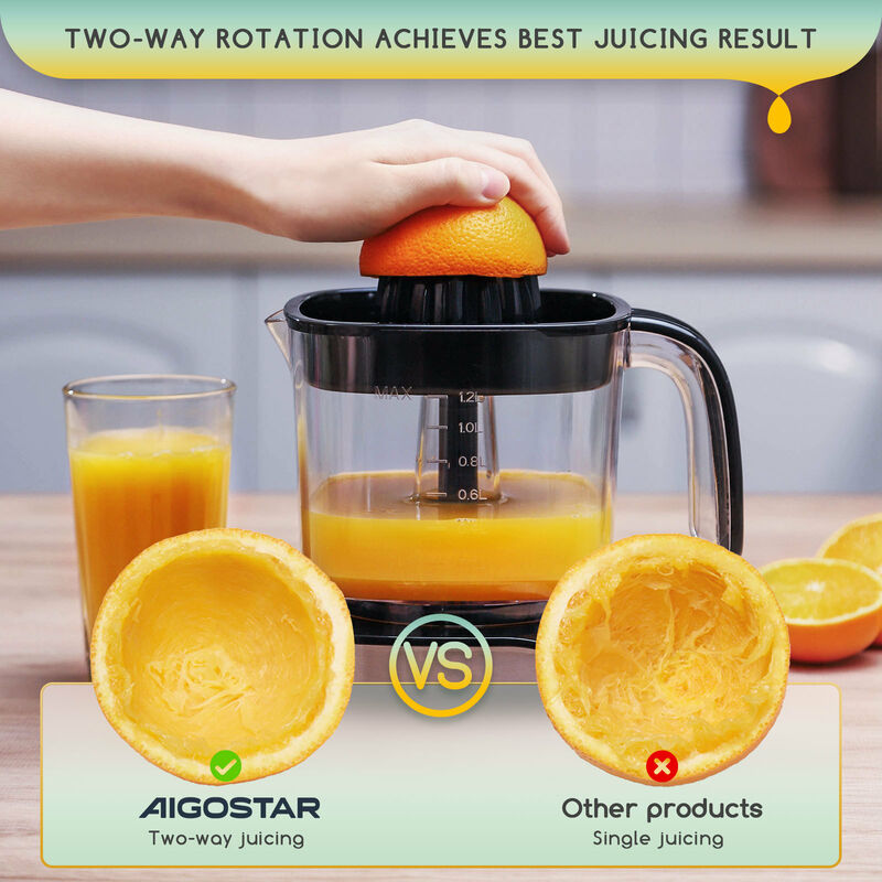 Aigostar Juicy - Spremiagrumi elettrico, grande volume da 1,2 litri,  spremiagrumi con LED e 2 coni staccabili, spremiagrumi per pompelmo ,lime  ,limone arancia , lavabile in lavastoviglie, 40W