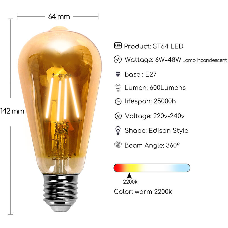 Lampadina Edison Vintage E27, E27 LED Vintage Dimmerabile 4 W Retro Lampada  LED Bianco Caldo Lampadina Edison E27 Vintage Ideale per la nostalgia e