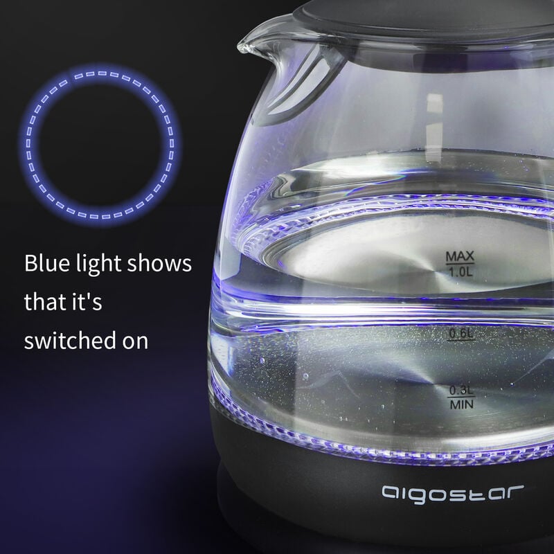 Aigostar Elfin 30IAX - Bollitore elettrico in vetro borosilicato con  illuminazione a LED. 2200W, 1L, Bollitura Rapida, Nero. Protezione da  bollitura a secco. SENZA BPA.