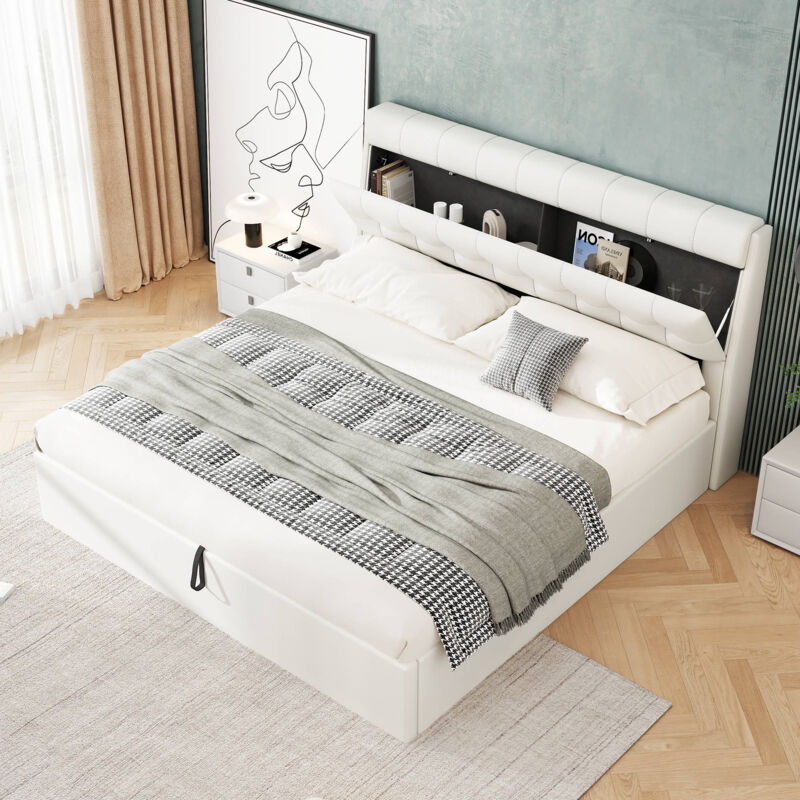 【hy100602】socph bed double Upholstered Double Bed with USB Charging, Gray | Aosom UK