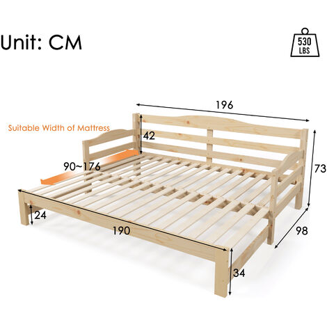Daybed, Cabin Bed, SIngle Guest Bed Sofa Bed, Pull out Trundle for Living Room and Bedroom - (3 FT) 90 x190 cm - Natural