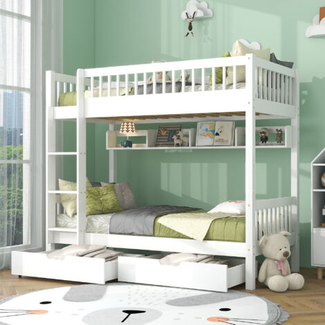 Bunk Bed, 3FT Solid Pine Wood Single Bed Frame for Kids Children, Under Bed Slide Drawer Storage, with Shelf, White (90x190cm)