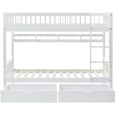 Bunk Bed, 3FT Solid Pine Wood Single Bed Frame for Kids Children, Under Bed Slide Drawer Storage, with Shelf, White (90x190cm)
