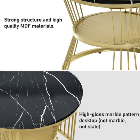 Round Coffee Tables, Removable Set of 2 End Table, Nesting Tables with Gold Metal Frame Legs and Marble Pattern Top for Living Room, Bedroom, Office, Balcony, Apartment,Black