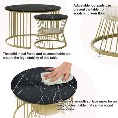 Round Coffee Tables, Removable Set of 2 End Table, Nesting Tables with Gold Metal Frame Legs and Marble Pattern Top for Living Room, Bedroom, Office, Balcony, Apartment,Black