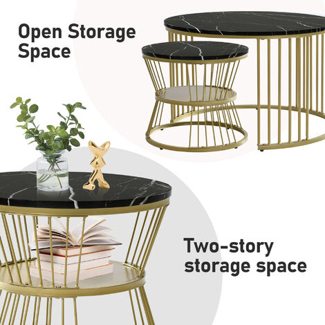 Round Coffee Tables, Removable Set of 2 End Table, Nesting Tables with Gold Metal Frame Legs and Marble Pattern Top for Living Room, Bedroom, Office, Balcony, Apartment,Black