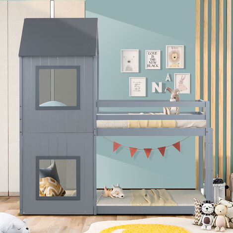 3FT Treehouse Bunk bed 90x190, Cabin Bed Frame, Mid-Sleeper with Treehouse Canopy and Ladder (Grey)