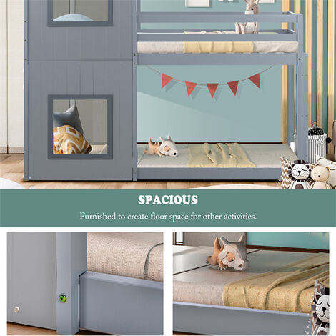 3FT Treehouse Bunk bed 90x190, Cabin Bed Frame, Mid-Sleeper with Treehouse Canopy and Ladder (Grey)