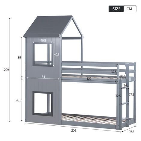 3FT Treehouse Bunk bed 90x190, Cabin Bed Frame, Mid-Sleeper with Treehouse Canopy and Ladder (Grey)