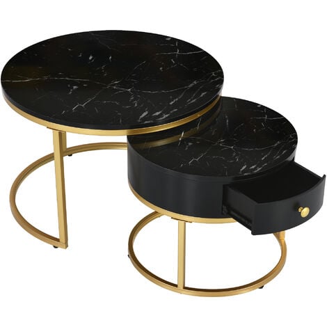 Round Coffee Tables with drawer, Nesting Tables with Storage Gold Metal Frame Legs and Marble Pattern (non-rock slab)Top for Living Room, Bedroom, Office, Balcony, Black