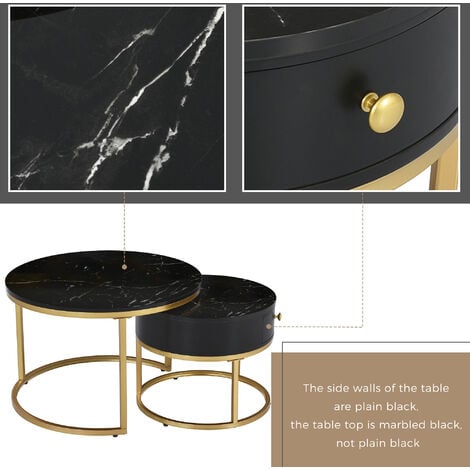 Round Coffee Tables with drawer, Nesting Tables with Storage Gold Metal Frame Legs and Marble Pattern (non-rock slab)Top for Living Room, Bedroom, Office, Balcony, Black