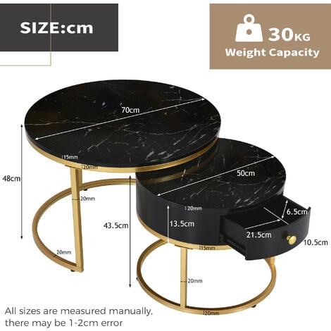 Round Coffee Tables with drawer, Nesting Tables with Storage Gold Metal Frame Legs and Marble Pattern (non-rock slab)Top for Living Room, Bedroom, Office, Balcony, Black