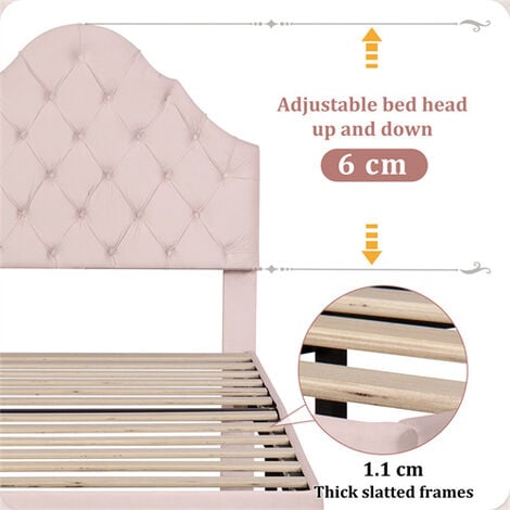 Upholstered Bed with Slatted Frame and Height-adjustable Headboard, Velvet, Pink,(90x190)