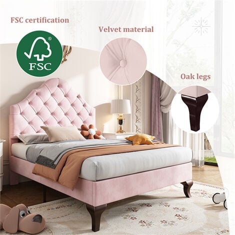 Upholstered Bed with Slatted Frame and Height-adjustable Headboard, Velvet, Pink,(90x190)