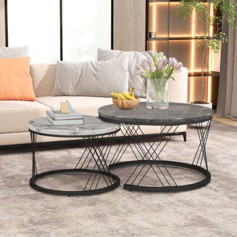 Round Coffee Table, Modern Coffee Table Set of 2 Marble Pattern Top with Metal Frame for Living Room (1/5)
