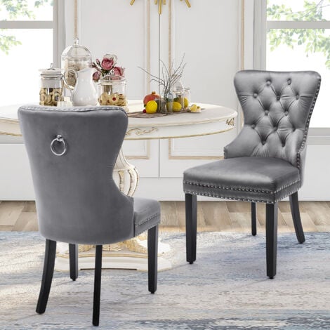 Velvet Dining Chairs with OAK Legs Bedroom Chair Kitchen Chair Living Room Lounge Leisure Chair, Grey, Set of 2