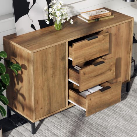 Sideboard Cabinet for Living Room, Chest of Drawers with with 2 Doors and 3 Drawers, Adjustable Shelf, Dark Oak