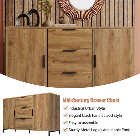 Sideboard Cabinet for Living Room, Chest of Drawers with with 2 Doors and 3 Drawers, Adjustable Shelf, Dark Oak