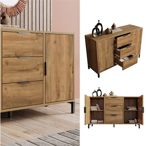 Sideboard Cabinet for Living Room, Chest of Drawers with with 2 Doors and 3 Drawers, Adjustable Shelf, Dark Oak