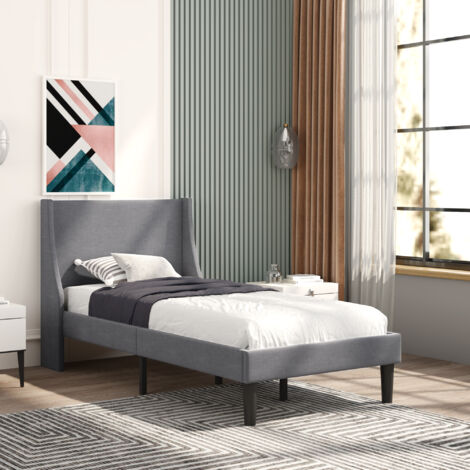 Upholstered Bed with Winged Headboard, Wood Slat Support, Single Bed, Linen, Grey